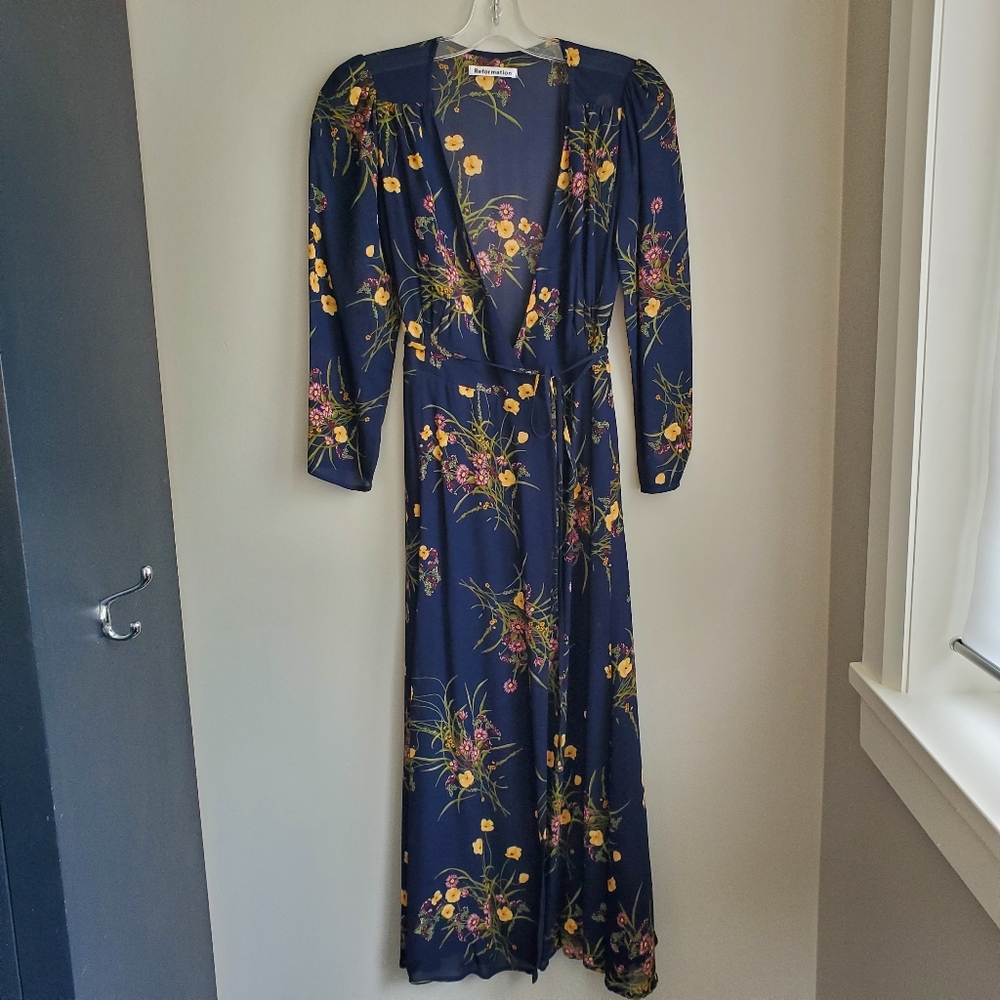 NWT Reformation Navy Melba Wrap Dress Navy Floral Puff Sleeves XS